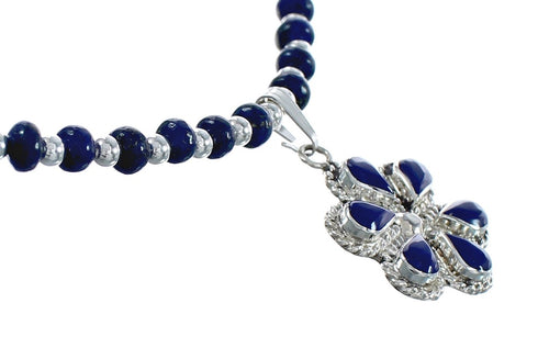 Native American Lapis And Sterling Silver Flower Pendant Bead Necklace JX125439